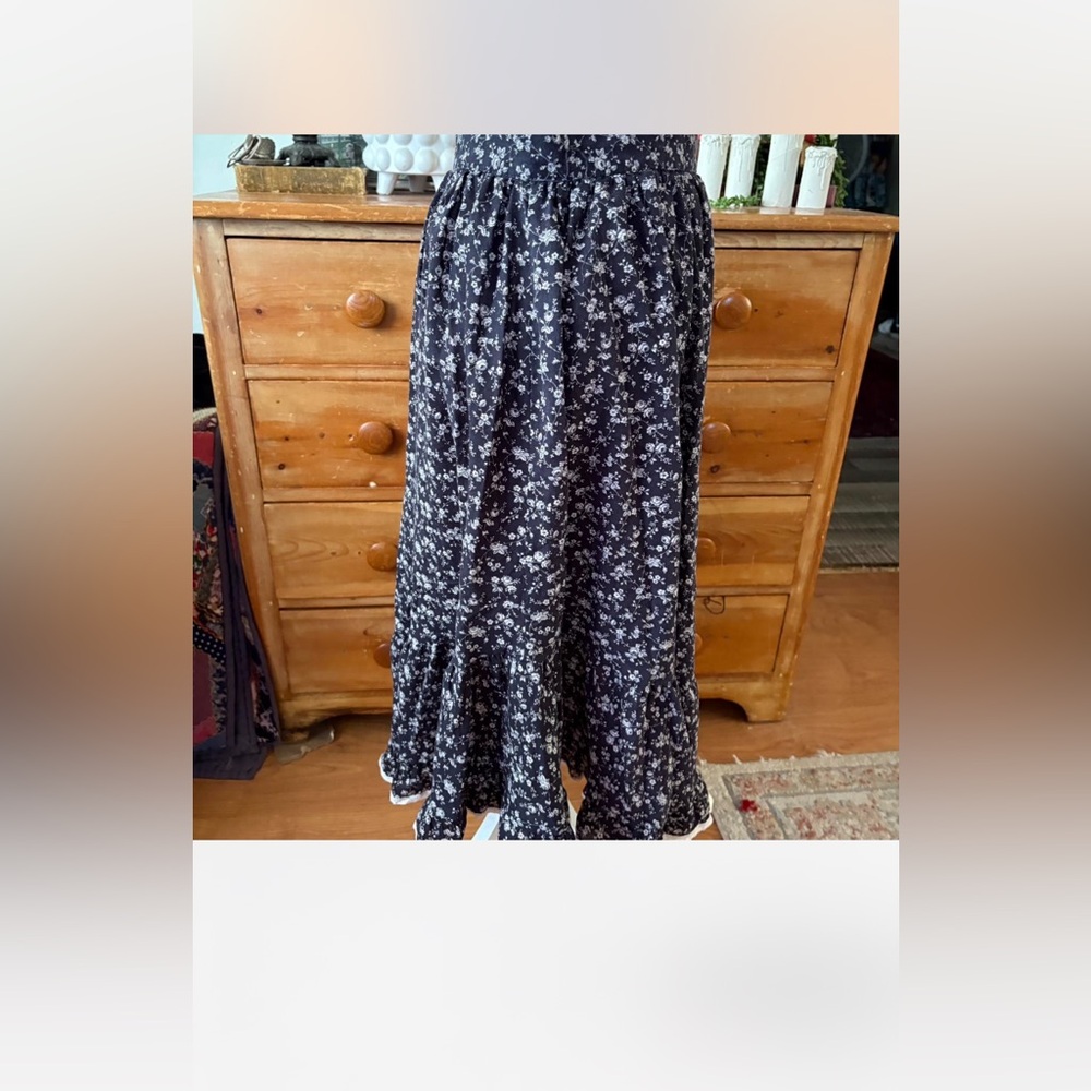 Vintage 1970s black floral prairie skirt